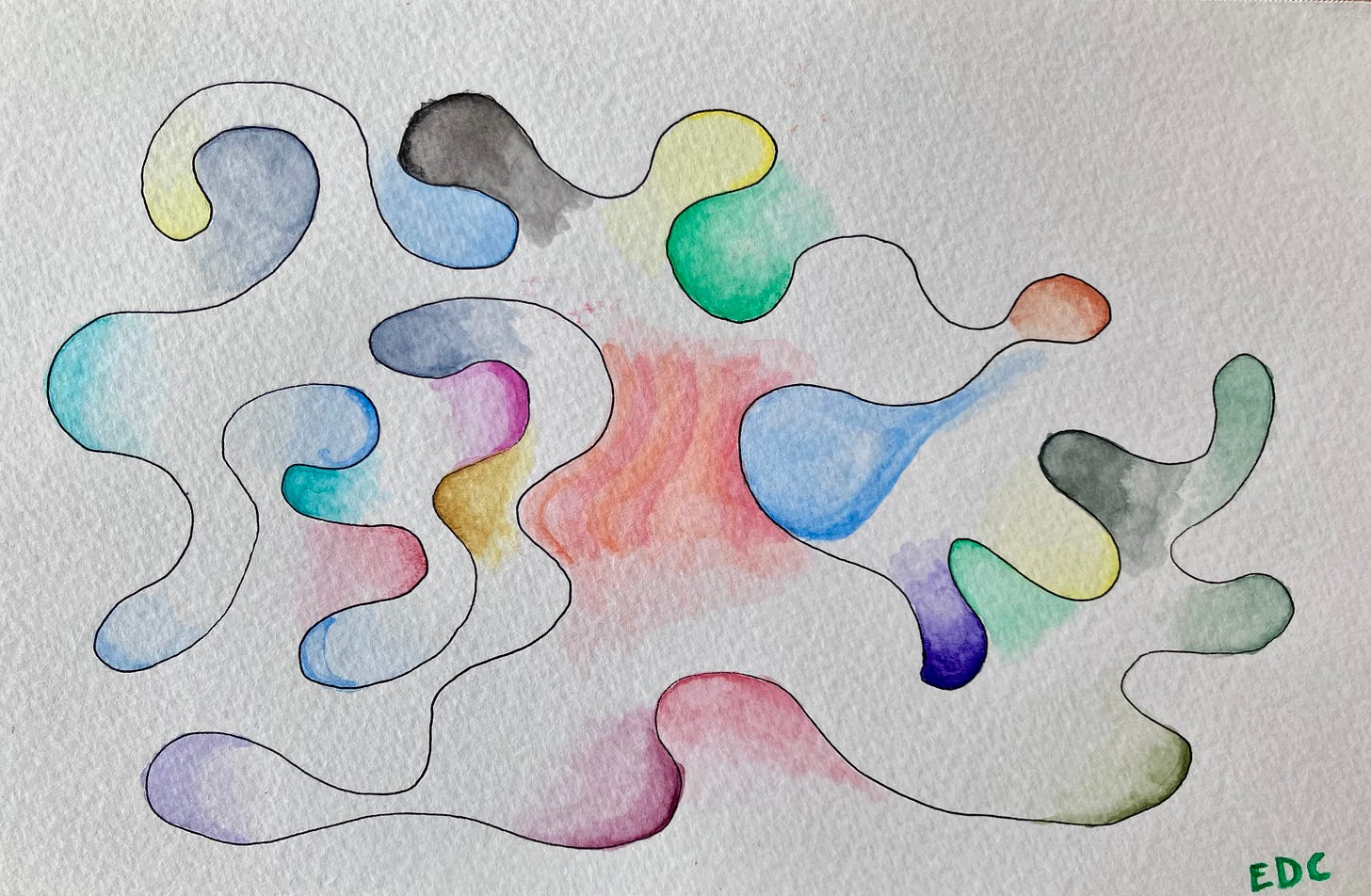 Abstract continuous pen squiggle with watercolor shading