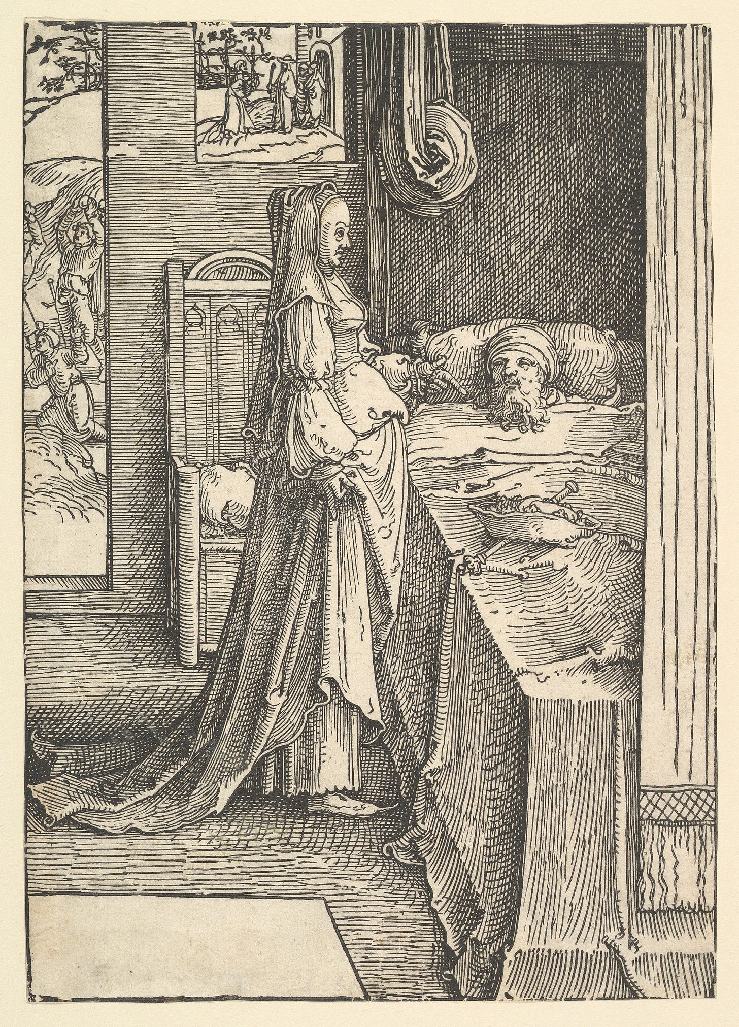Jezebel Promising Naboth's Vineyards to King Ahab, Lucas van Leyden (Netherlandish, Leiden ca. 1494–1533 Leiden), Woodcut; first state
