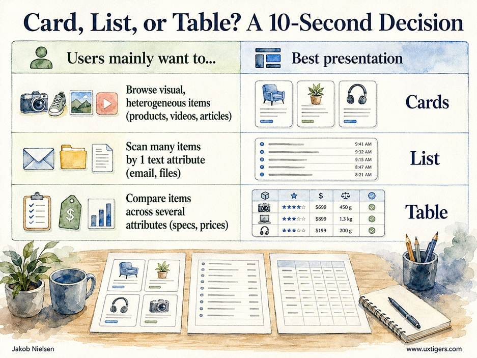 Card, List, or Table? A 10-Second Decision Users mainly want to… Best presentation Browse visual, heterogeneous items (products, videos, articles) Cards Scan many items by 1 text attribute (email, files) List Compare items across several attributes (specs, prices) Table 