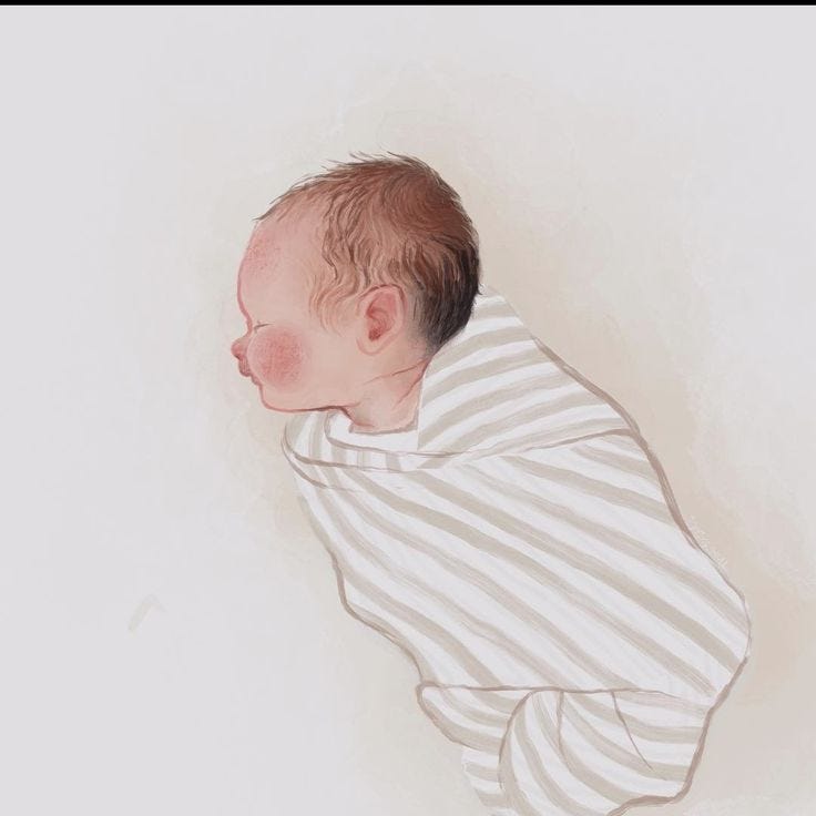 This may contain: a drawing of a baby wrapped up in a white and grey striped blanket, with his head turned to the side This may contain: a drawing of a baby wrapped up in a white and grey striped blanket, with his head turned to the side