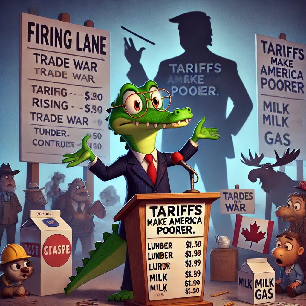 A Pixar-style illustration of Croaky, a small, cute anthropomorphic gator in a sharp suit and aviator glasses, standing behind a podium labeled 'Firing Lane.' He looks exasperated, gesturing toward a chaotic U.S.-Canada border where trade war consequences are visible. In the background, a shadowy Trump-like figure (silhouette, not explicitly Trump) is holding a giant 'Tariff Bill' and a matchstick. A billboard behind Croaky reads 'Tariffs Make America Poorer.' To the side, a farmer, a construction worker, and a small business owner look at rising price tags on lumber, milk, and gas with shocked expressions. A Canadian moose in a Mountie hat stands at the border, shrugging. The image is satirical and engaging, emphasizing economic chaos and Croaky’s frustration.