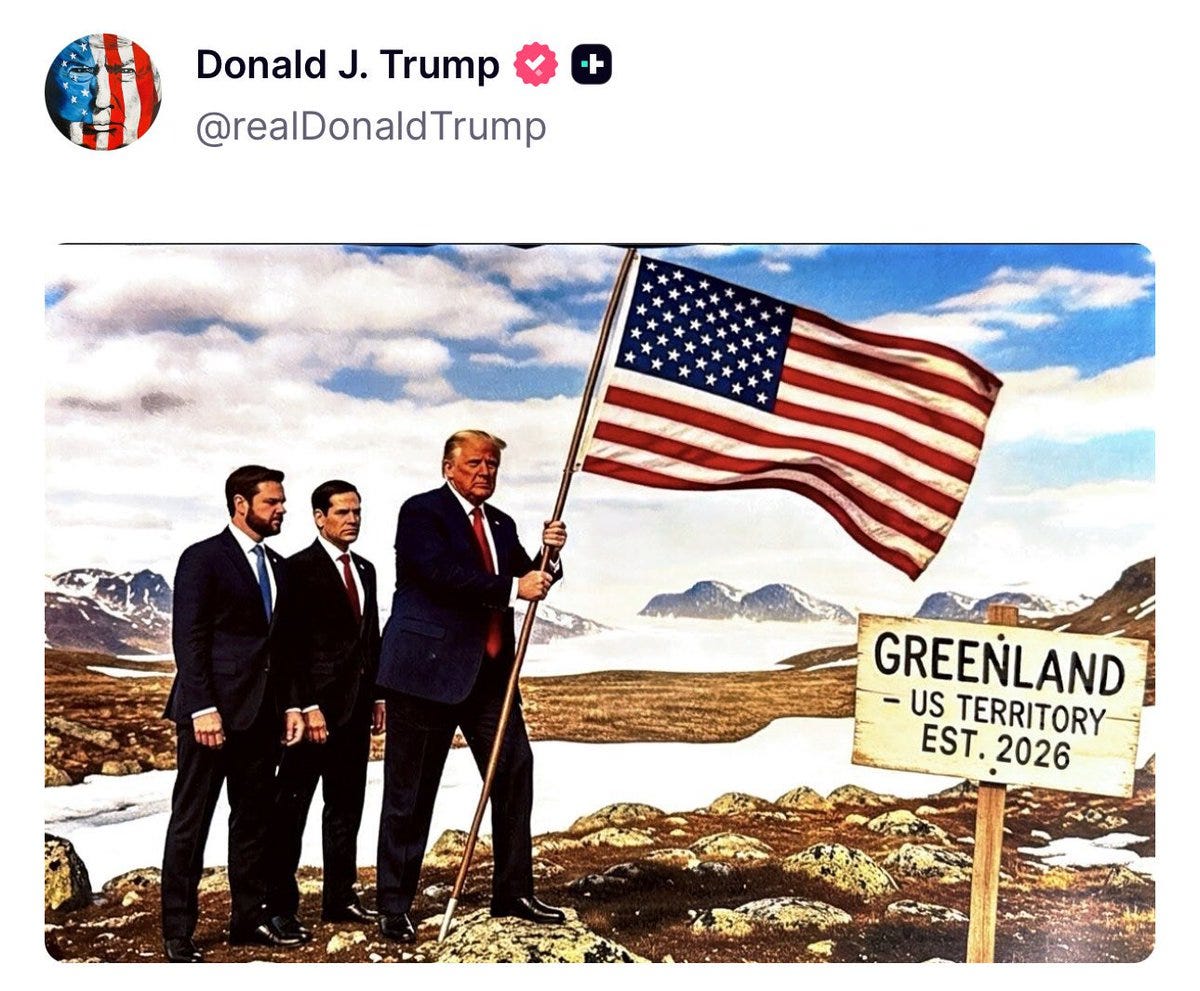 May be an image of arctic and text that says 'Donald J. Trump @realDonaldTrump GREEŃLAND US TERRITORY EST. ST.2026'