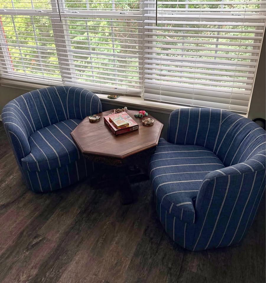 Product photo of Classic Home Valencia Swivel Chairs-(2) blue pinstriped accent chairs