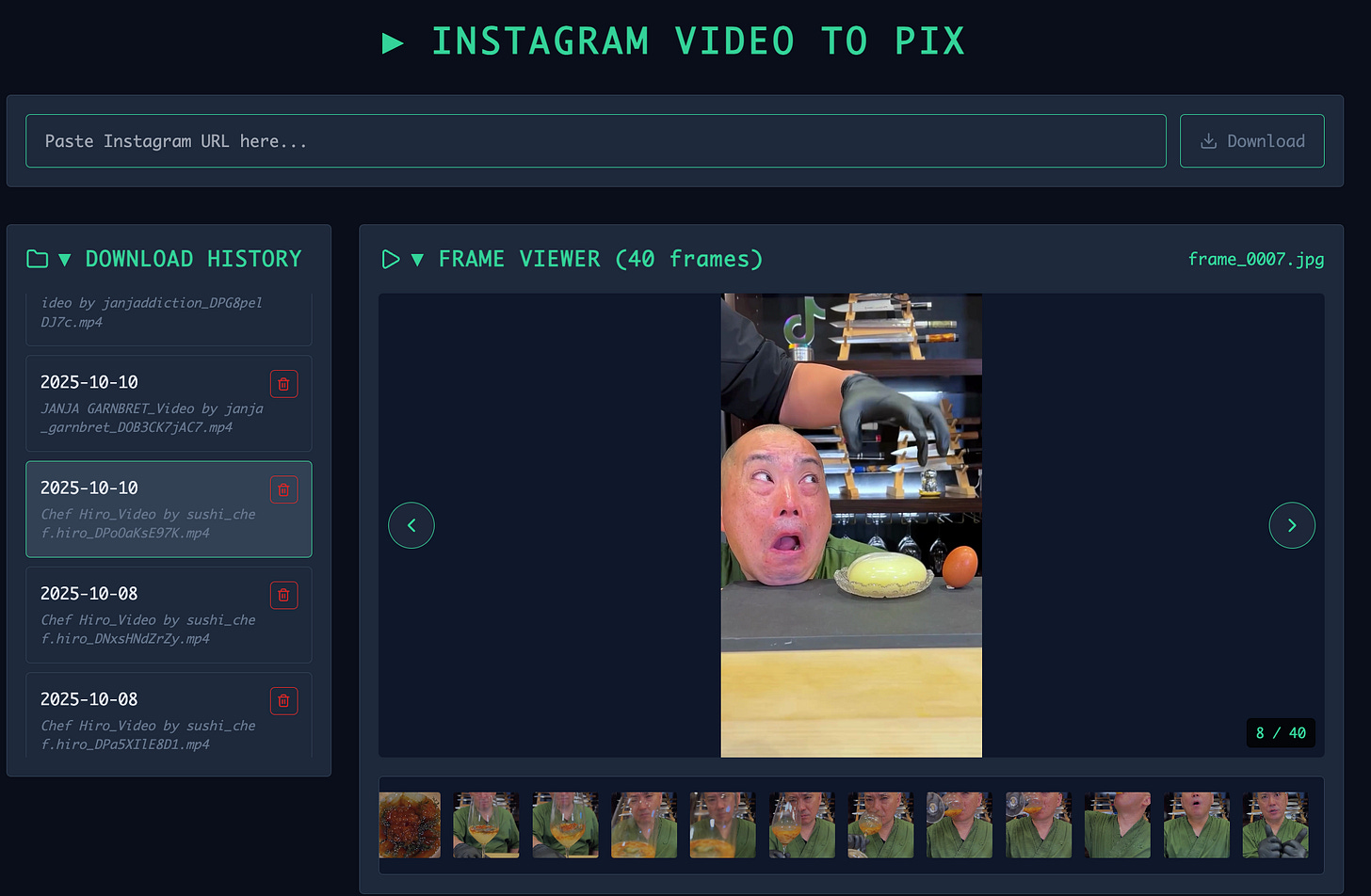 Screenshot of a webapp named INSTAGRAM VIDEO TO PIX. Shows an input box for an Instagram URL, Download button, Download History, and Frame Viewer. The Frame Viewer shows a large version of the currently selected image with a carousel of images below it.