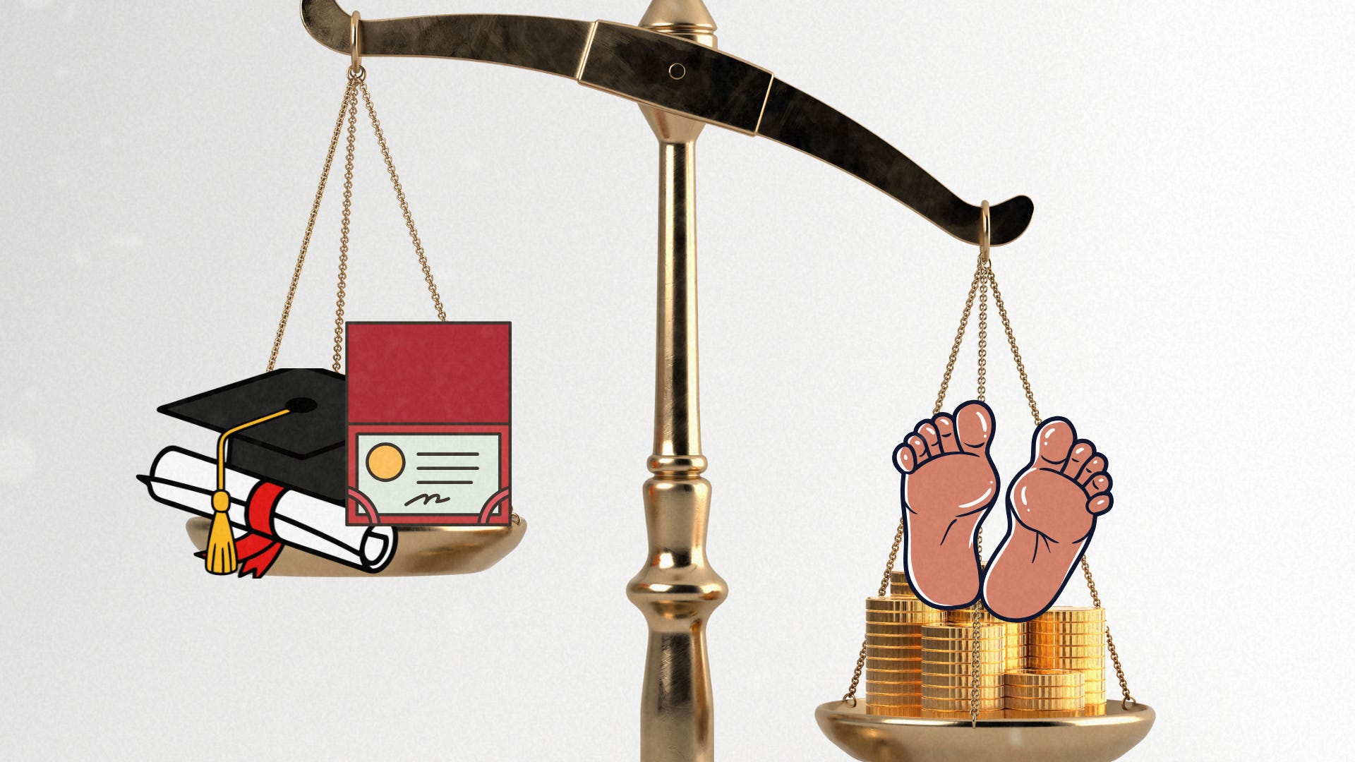 A gold balance scale weighing a diploma and graduation cap on one side against stacks of gold coins topped with cartoon feet on the other.