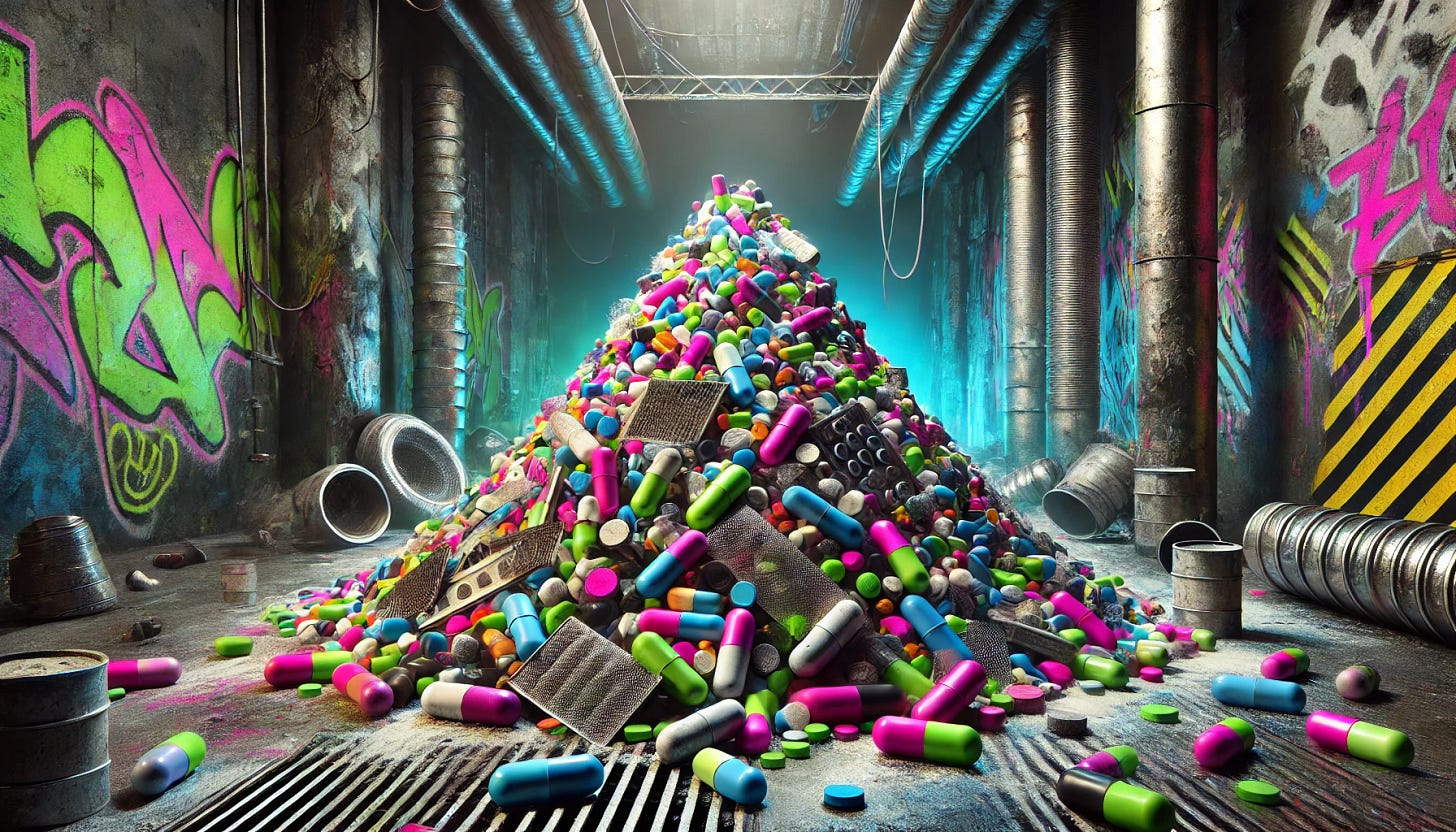 A visually striking abstract image of a mountain made entirely of colorful pills, set against a gritty, industrial background. The aesthetic is punky and rebellious, featuring graffiti-style elements and harsh lighting. The scene includes metallic textures, scattered broken pill bottles, and industrial pipes, with bold colors like neon green, hot pink, and electric blue contrasting against the dark, rugged surroundings. The composition is edgy and chaotic, evoking a sense of rebellion.