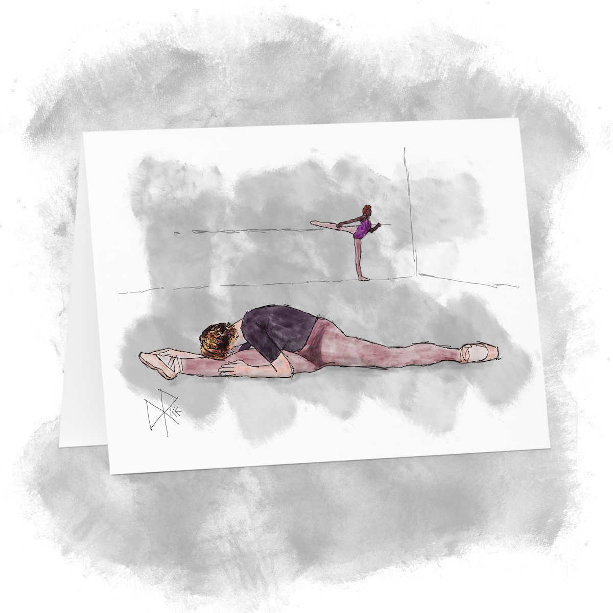 Two young ballet students stretching in a dance studio. Sketch art by Don Rice.