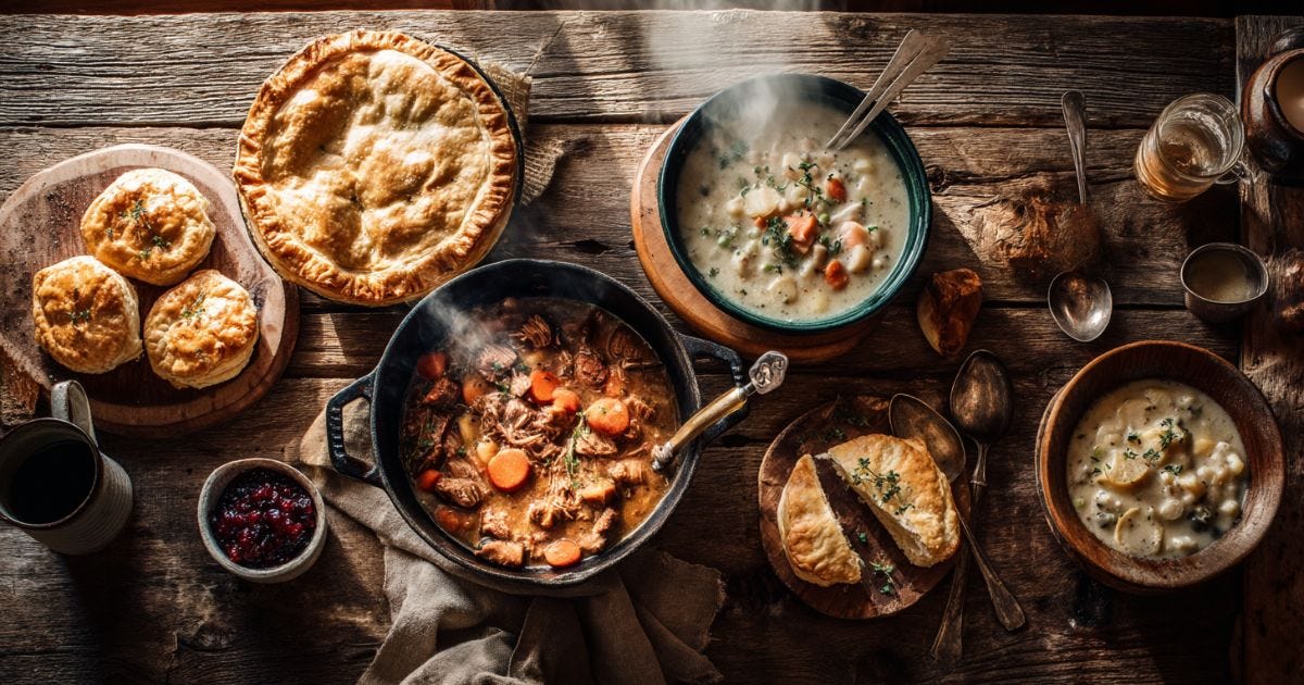 Cozy Canadian comfort food recipes displayed on rustic winter table with chowder, tourtière, stew, salmon chowder, and bannock. Cozy Canadian comfort food recipes displayed on rustic winter table with chowder, tourtière, stew, salmon chowder, and bannock.