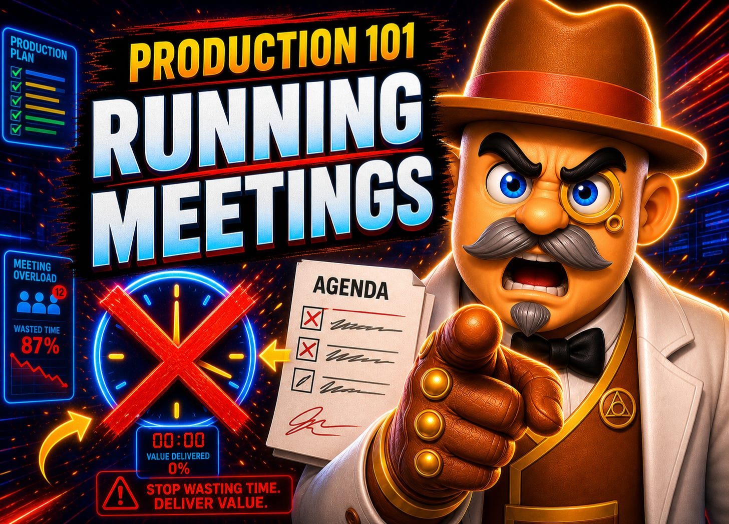 Running meetings thumbnail with angry alchemist, crossed-out clock, agenda document, and production urgency graphics. Running meetings thumbnail with angry alchemist, crossed-out clock, agenda document, and production urgency graphics.