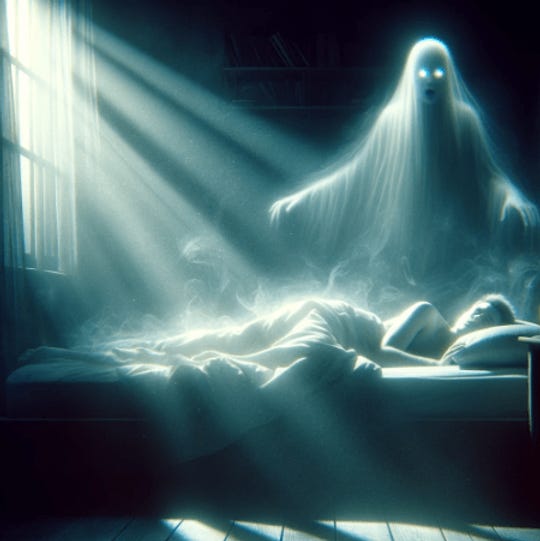 Photo of a man sleeping and there's a shadowy figure in his back.