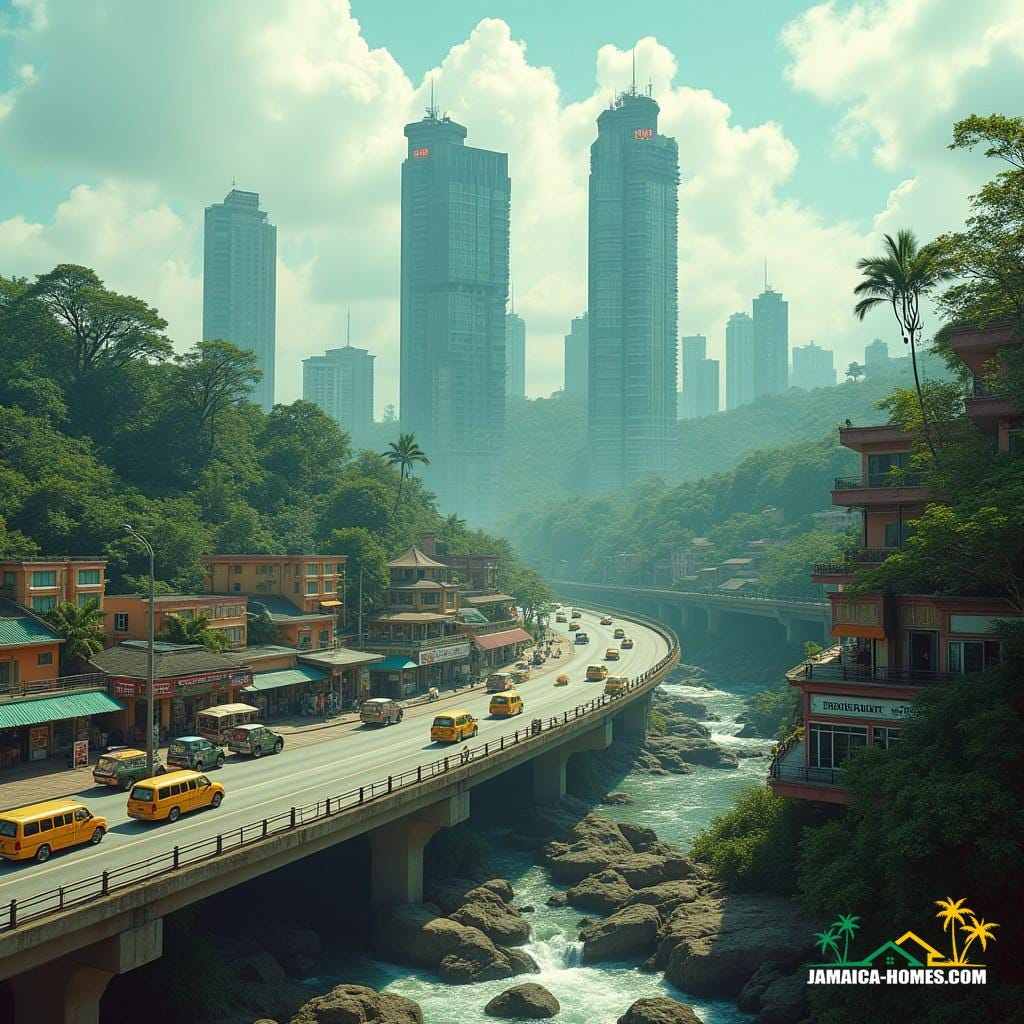 A futuristic skyline with sleek glass towers, highway snaking through, petrol stations and convenience stores mid-level, colorful Jamaican minibuses on elevated roads, waterfalls and area between flat bridge and Ocho Rios between facades, vibrant market stalls on rooftop terraces, in a cinematic film still style, reminiscent of Blade Runner, with a hint of Syd Mead and Ash Thorp's futuristic neon aesthetic, shot on 35mm film with a v-raptor XL, incorporating film grain, vignette, and cinematic lighting, color graded for a dramatic atmosphere.