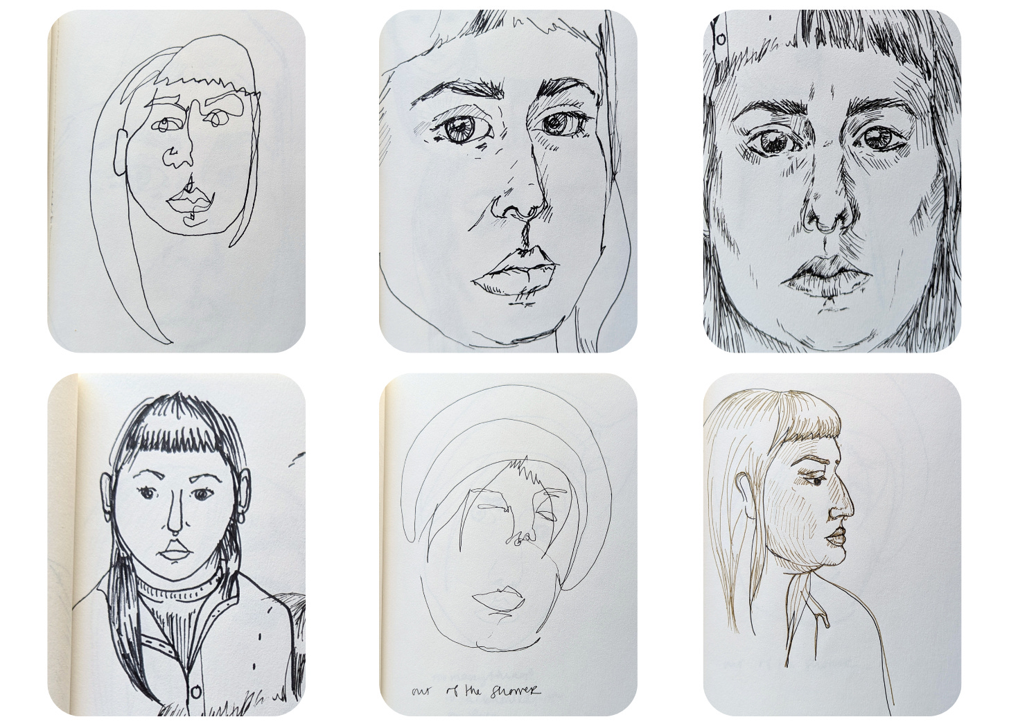 Images are of six hand drawn self-portraits of the author, all done in pen or ink, with the author looking directly at the viewer. Some drawings are more detailed, where others are just contour lines.