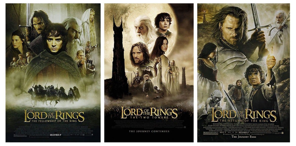 Movie posters for the Lord of the Rings trilogy