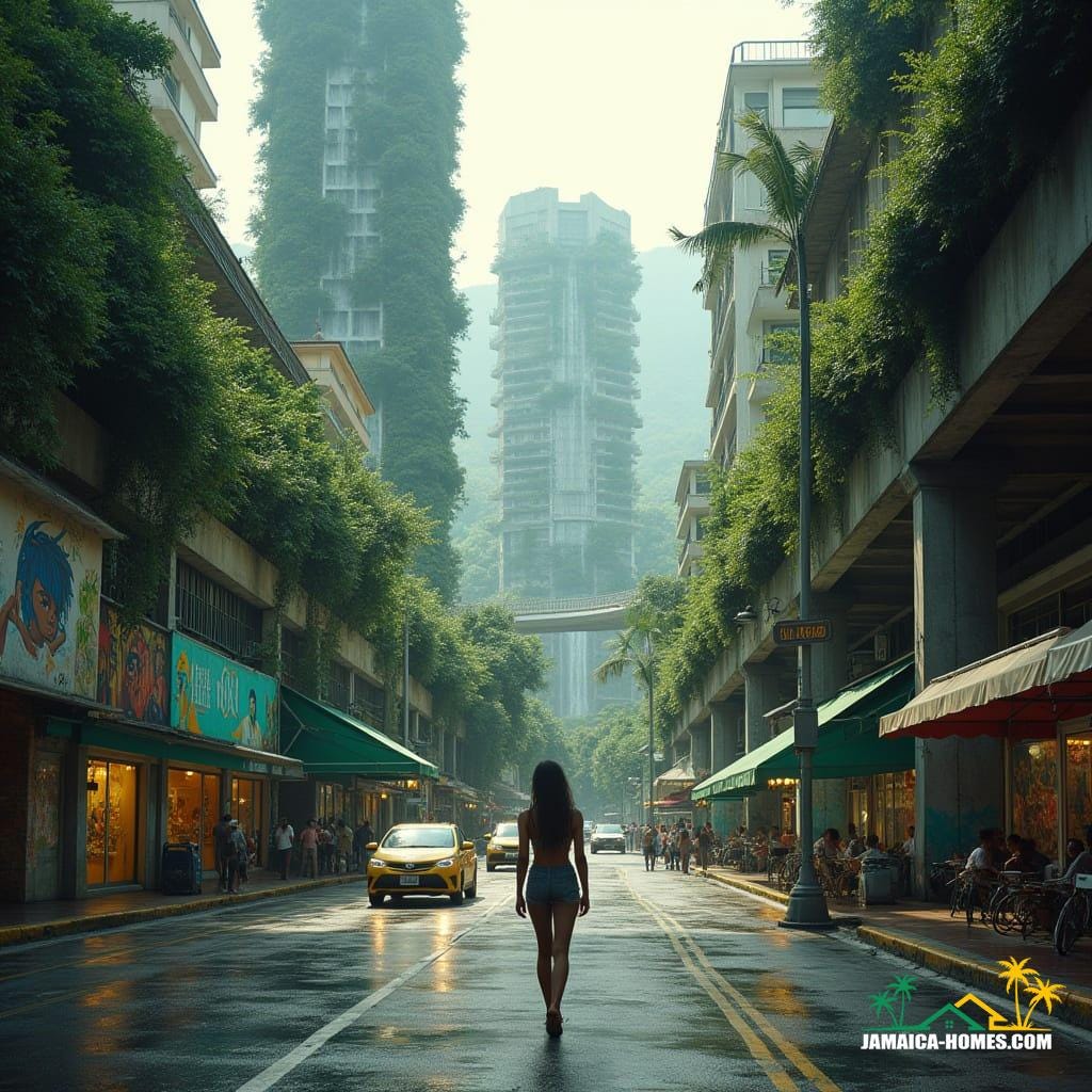 Downtown Kingston's sleek skyscrapers, wrapped in lush greenery and cascading waterfalls, surrounded by Jamaican vendors in sky-level public plazas, reggae murals on lower levels, amidst modern elevated roads, with tropical mountain backdrop, in a cinematic film still, inspired by the styles of Syd Mead, Ash Thorp, and Simon Stalenhag, with film grain, vignette, and color grading, evoking a sense of epic, atmospheric, and dramatic, 35mm film quality.