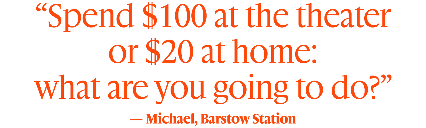 “Spend $100 at the theater or $20 at home: what are you going to do?” — Michael, Barstow Station