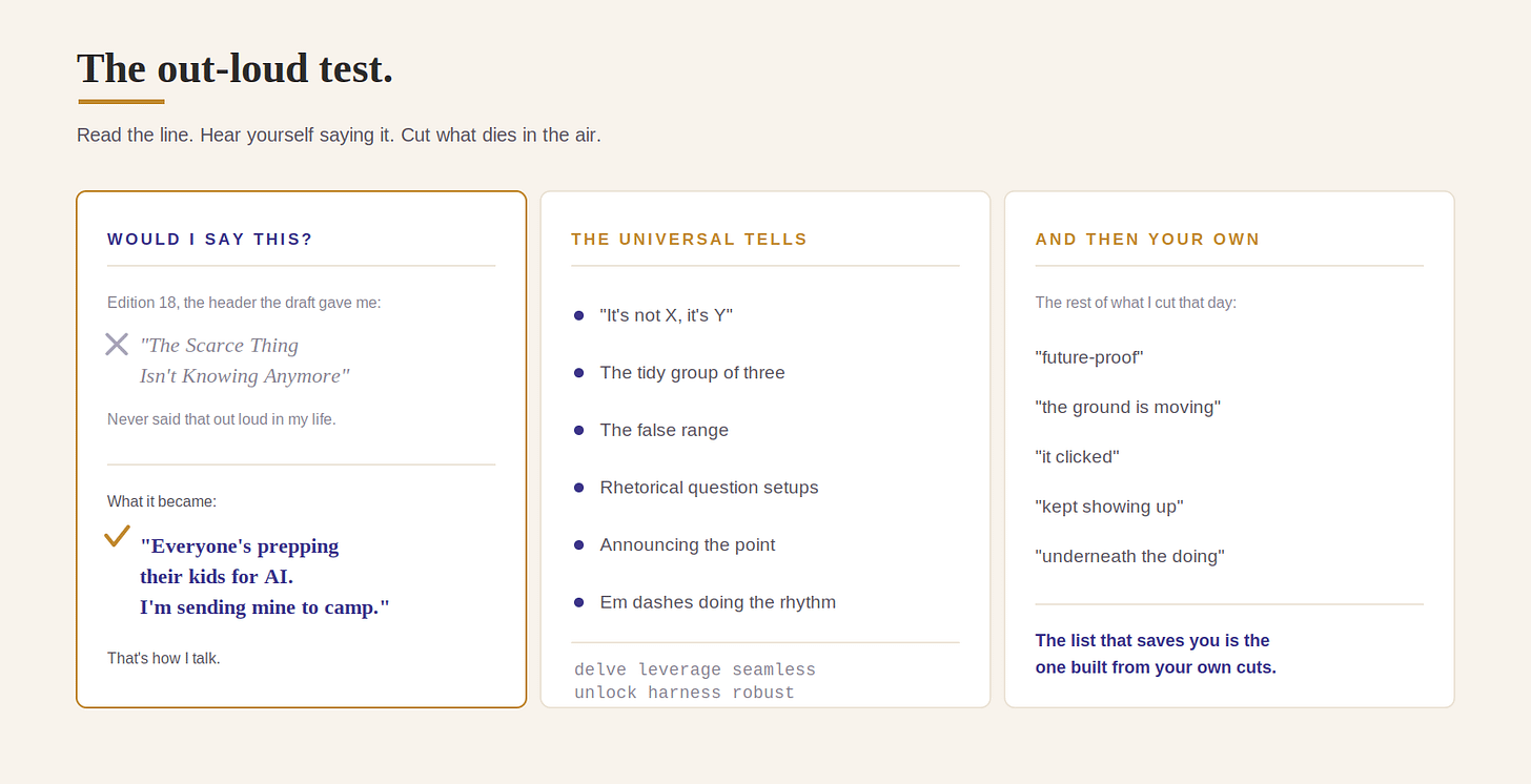 The out-loud test: read the line, hear yourself saying it, and cut what dies in the air