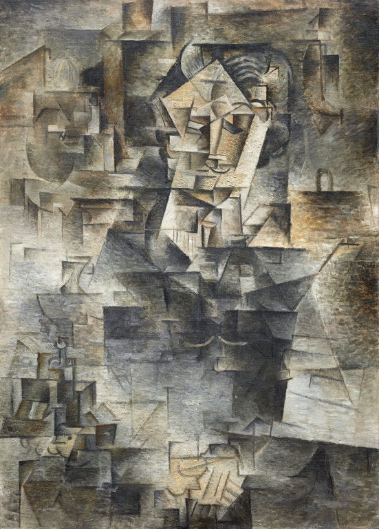 Picasso's Cubist portrait of the dealer Kahnweiler, fragmented into planes of brown and grey Picasso's Cubist portrait of the dealer Kahnweiler, fragmented into planes of brown and grey