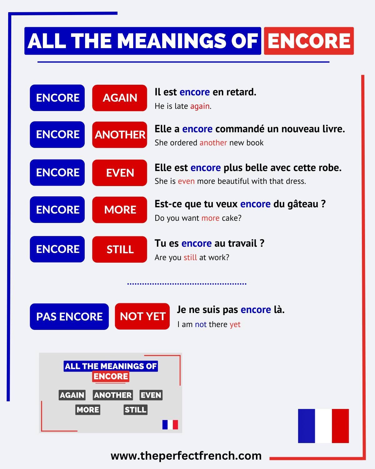 May be a graphic of text that says "ALL THE MEANINGS OF ENCORE ENCORE AGAIN ι est encore en retard. He is late again. ENCORE Elle ANOTHER encore commandé un nouveau livre. She ordered another new book ENCORE EVEN She Elle est encore plus belle avec cette robe. even more beautiful with that dress. ENCORE MORE Est-ce que tu veux encore du gâteau ? Do you want more cake? ENCORE STILL Tu es encore au travail ? Are you still at work? PAS ENCORE NOT YET Je ne suis pas encore là. am not there yet ALL THE MEANINGS OF ENCORE AGAIN ANOTHER EVEN MORE STILL www.theperfectfrench.com"