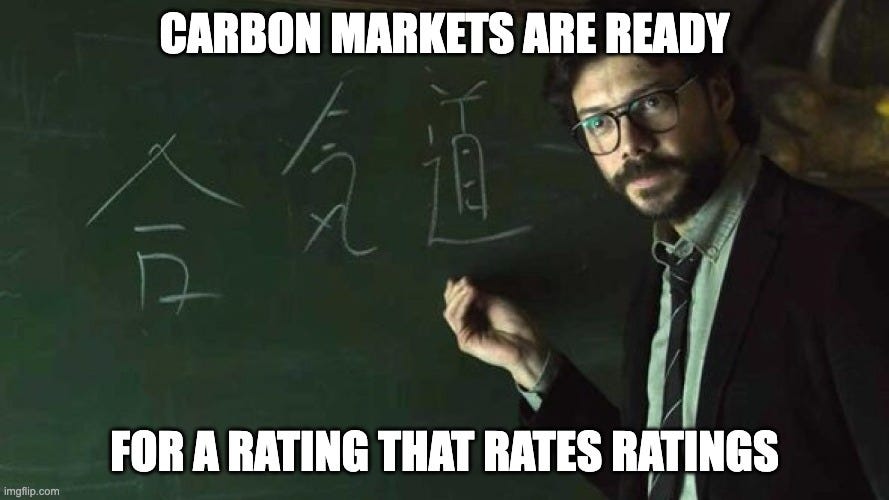 The Professor from Money Heist at a chalkboard, captioned "Carbon markets are ready for a rating that rates ratings."