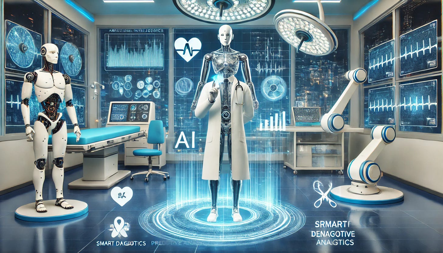 A futuristic healthcare scene showcasing artificial intelligence transforming the industry. A robotic doctor with a sleek, advanced AI interface is analyzing a holographic patient record. High-tech medical equipment powered by AI surrounds the scene, including robotic surgery arms, smart diagnostics, and predictive analytics displays. The setting is a modern, high-tech hospital with a glowing blue ambiance, emphasizing innovation and digital transformation in healthcare.