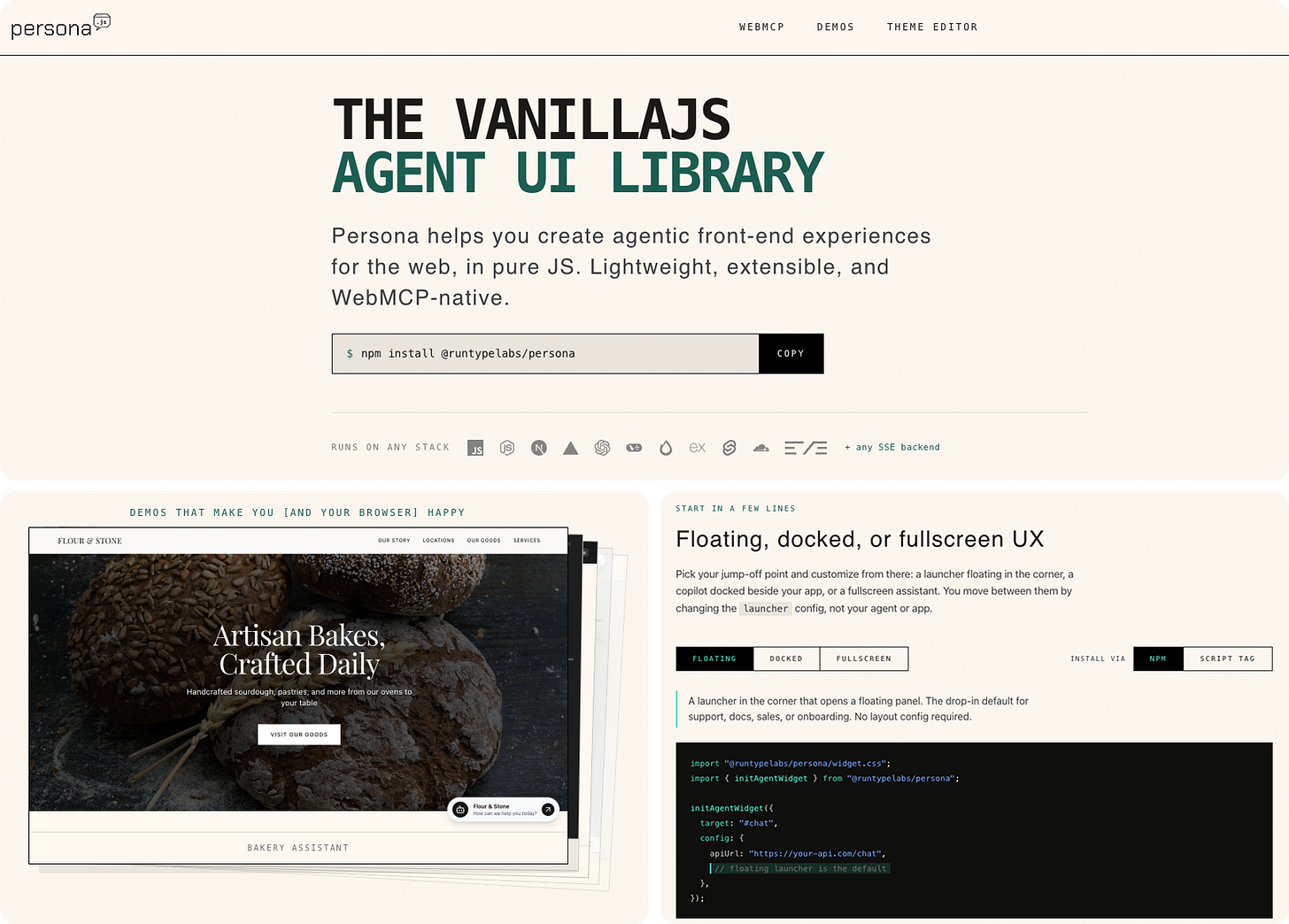 Persona.js landing page presenting a vanilla JavaScript agent UI library for building WebMCP-native chat widgets in floating, docked, or fullscreen layouts.