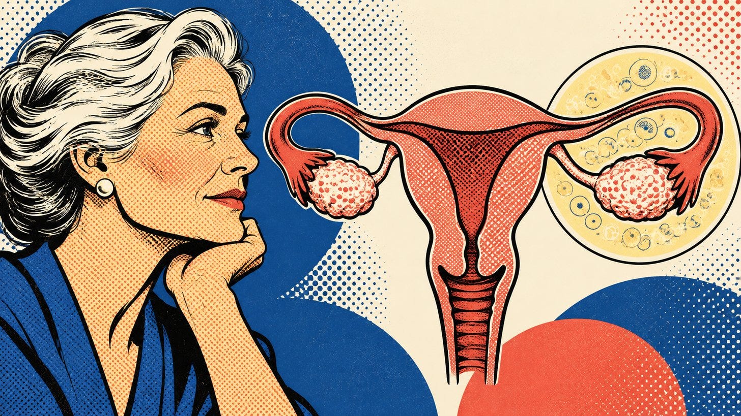 Illustration of an older woman beside a drawing of the uterus and ovaries Illustration of an older woman beside a drawing of the uterus and ovaries
