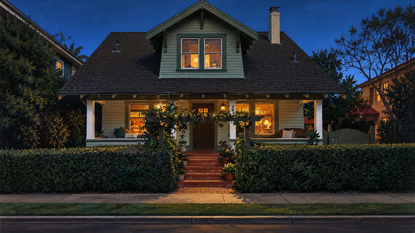 Carol's dream craftsman bungalow glows at dusk behind a trimmed hedge, with warm light spilling from the porch and upstairs windows.