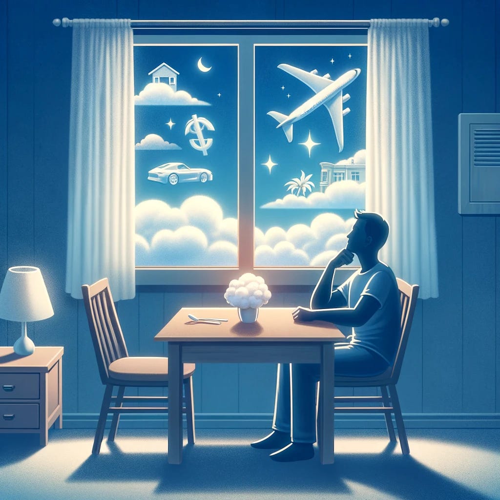 A simple and symbolic image depicting a person sitting at a modest kitchen table, looking out a window with a thoughtful expression. Outside the window, in the clouds, are dream-like visions of a different life: symbols of wealth, travel, and luxury like airplanes, exotic islands, and fancy cars. This image should capture the essence of someone daydreaming about a different, more glamorous life, using soft, ethereal colors to enhance the dreamy quality of the scene.