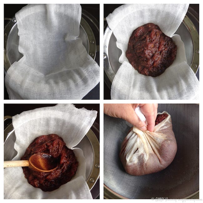Two pictures showing the process of making your own date syrup at home.