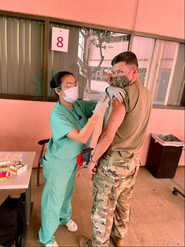 Lt. Col. Jered Little, commander of Public Health Activity-Hawaii, receives the Pfizer vaccine at Tripler Army Medical Center, Honolulu, on Dec. 23, 2020. The inoculation was part of the Department of Defense COVID-19 vaccine distribution and administration plan that is a phased, standardized and coordinated strategy for prioritizing, distributing, and administering COVID-19 vaccines to protect DoD personnel, maintain readiness, and support the national COVID-19 response. (Courtesy photo)