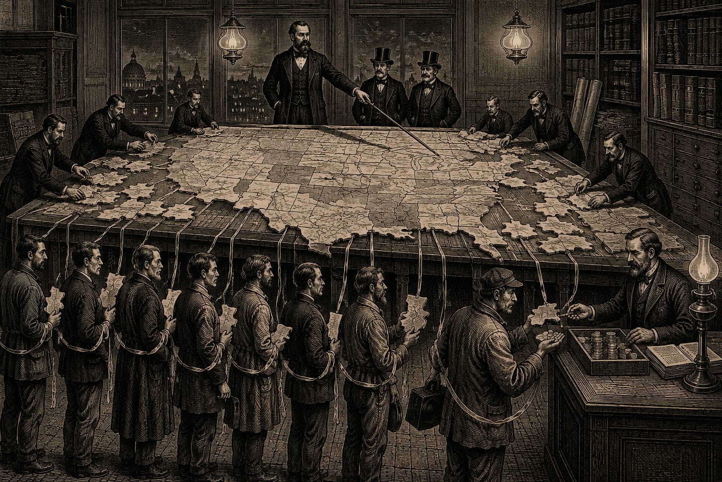 Wood-engraving editorial illustration in the Thomas Nast Harper's Weekly style for Attention Capital's essay The Default Nobody Declared, depicting aggregated reach rented from creators. In a land office, company men assemble a vast composite map from small parcels, each piece still tied by ribbon to the smallholder who owns it, while a clerk pays rent and the first owner measures his piece against the whole. The image argues the essay's Section V mechanics: Fox and its peers reassemble broadcast-scale reach from creator fragments the audience holders own personally, and every renewal cycle teaches the owners what their piece is worth. Keywords: creator economy, Fox Red Seat Ventures, audience ownership, aggregated reach, media finance, talent negotiation.