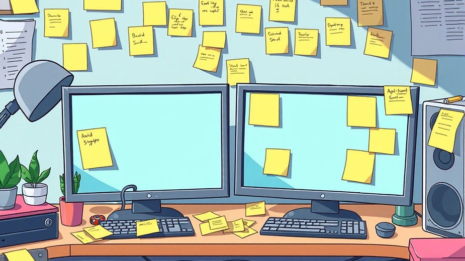 Two computer monitors on a desk cluttered with sticky notes. Plant, lamp, and speaker nearby. Background wall is covered with notes. Two computer monitors on a desk cluttered with sticky notes. Plant, lamp, and speaker nearby. Background wall is covered with notes.