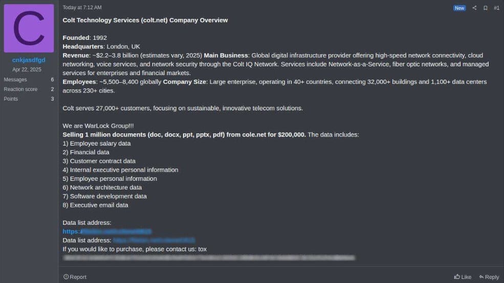 Threat actor's post on a hacker forum Threat actor's post on a hacker forum