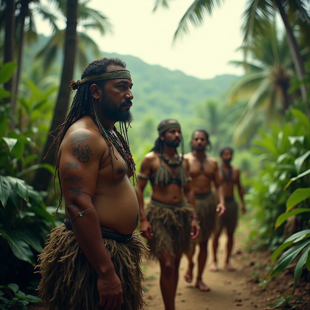 Ancient Taino tribespeople, descendants of South American indigenous peoples, set amidst a lush, vibrant Caribbean landscape