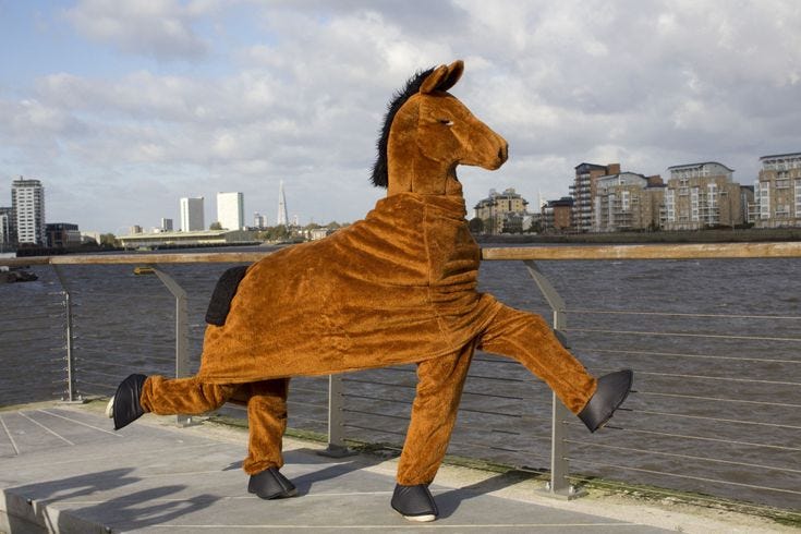 a photo of two people in a brown horse costume on a dock over water