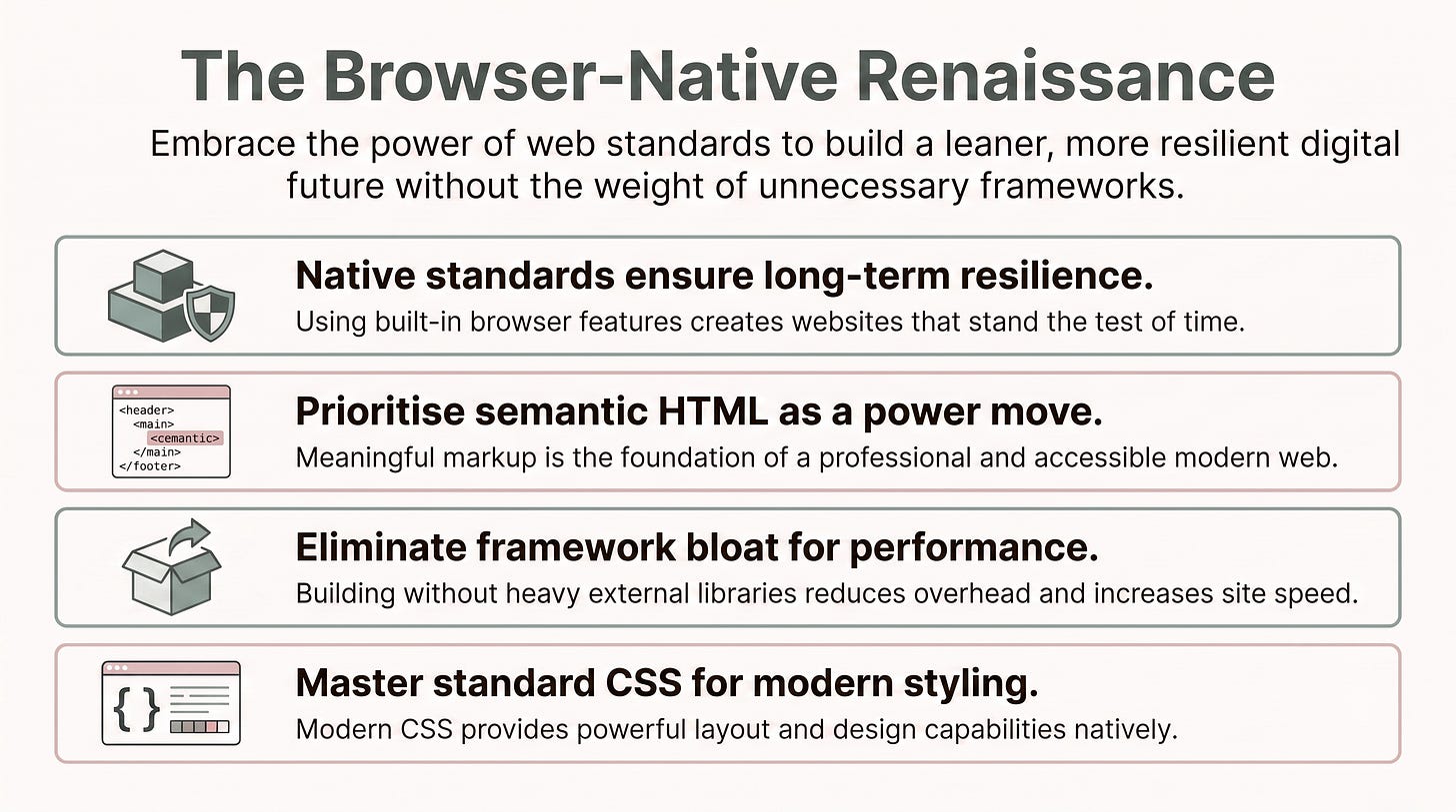 The Browser-Native Renaissance. Embrace the power of web standards to build a leaner, more resilient digital future without the weight of unnecessary frameworks.