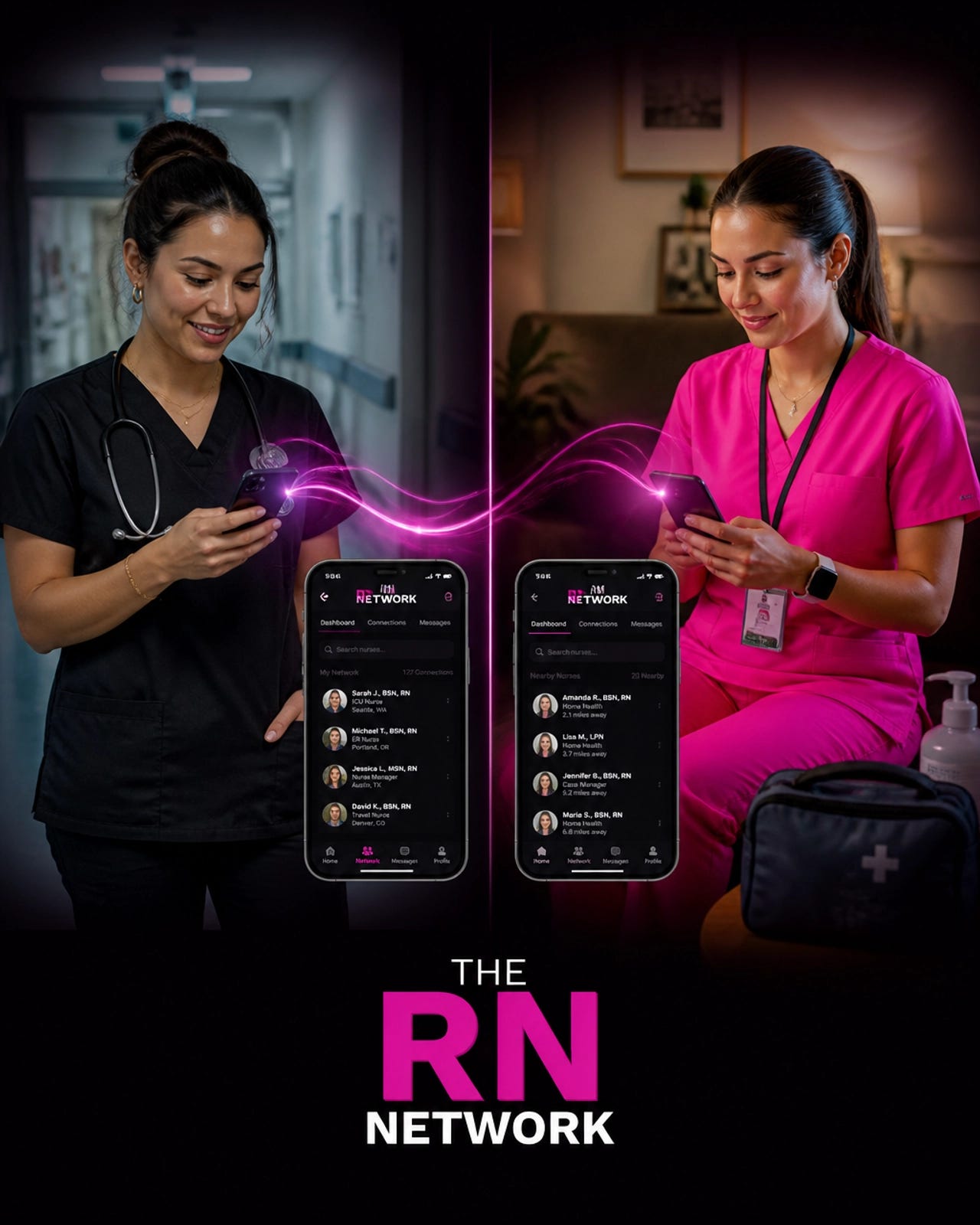 Two nurses in different environments connecting via the RN Network digital platform on their phones.