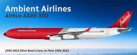 A selection of former Ambient fleet aircraft: 1) Airbus A340-300 (Silver Band); 2) Airbus A380 (Audiowave); 3) Boeing 747-200 (Silver Band); 4) Boeing 747-400ER (Silver Band); 5) Boeing 747-8 Intercontinental (Audiowave); and Airbus A340-600 (Audiowave) - all shown in side view.
