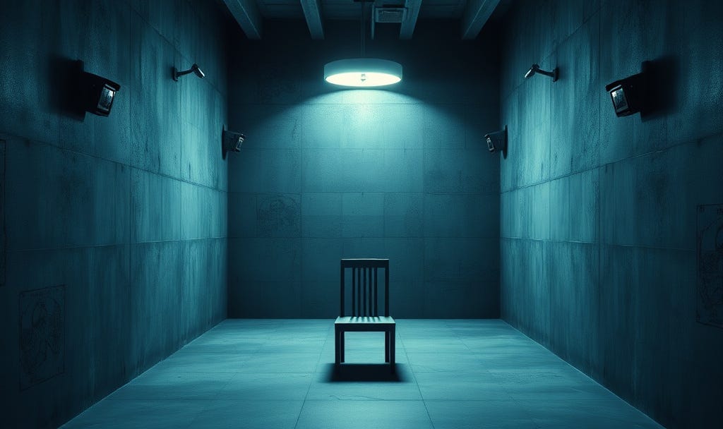 An empty chair beneath an overhead light in a dim interrogation room with security cameras