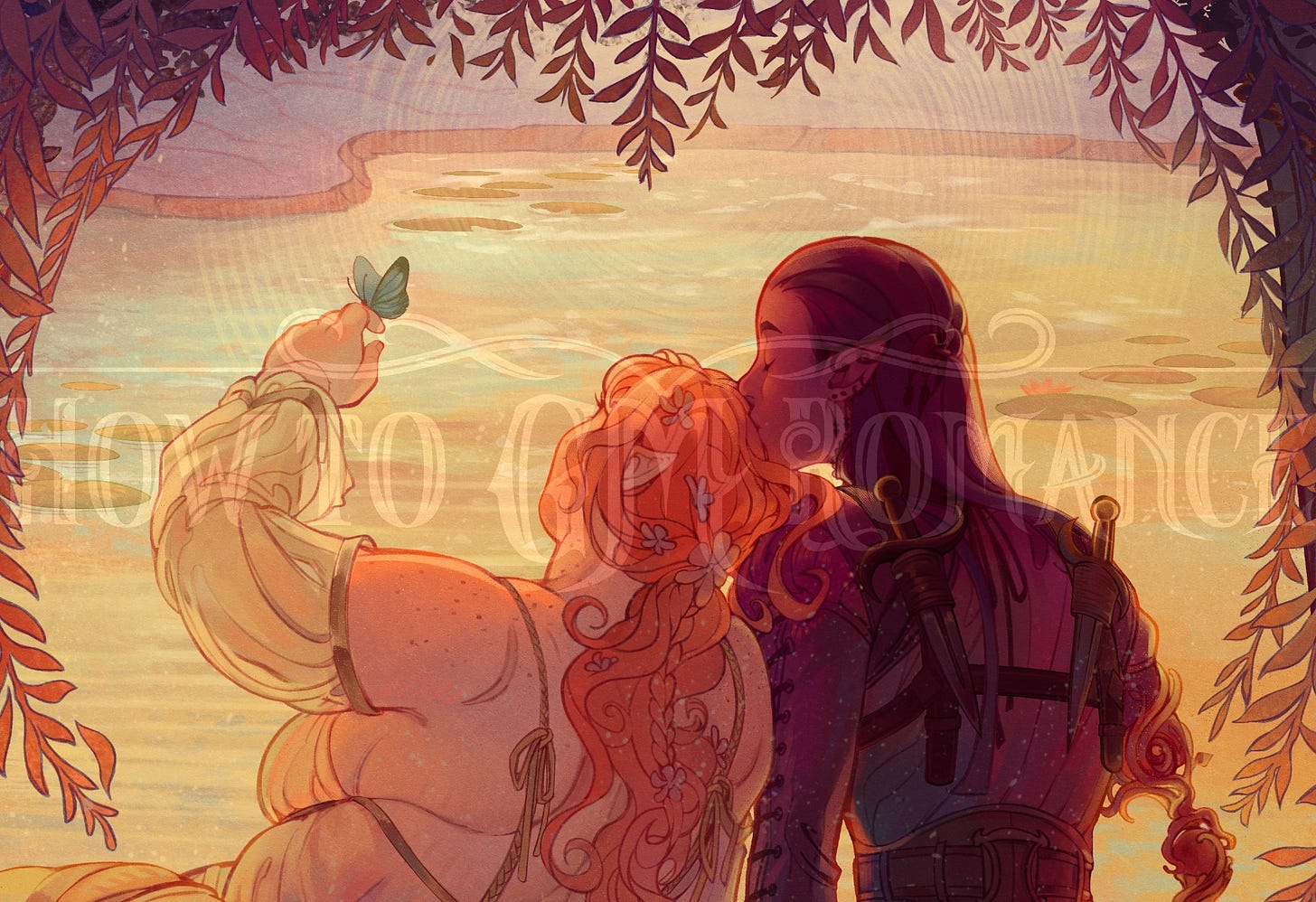 A couple sitting under a willow, admiring the reflection of the sun over a lake. One is leaning their head on the shoulder of the other, who is kissing their bright ginger hair. 
The ginger has a flowy dress made out of thin fabric, tied around their body with a green string. 

The other one has black hair and dark skin, and wears tight dark clothes. They have a prosthetic arm made out of branches (the ginger made it for them)

The leaves of the willow form a heart around them.