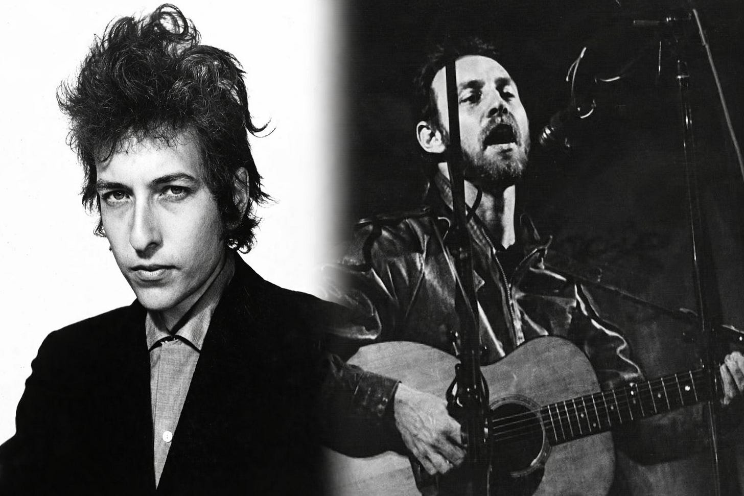 Bob Dylan poses in 1965. Richard Thompson sings with acoustic guitar in 1982. Bob Dylan poses in 1965. Richard Thompson sings with acoustic guitar in 1982.