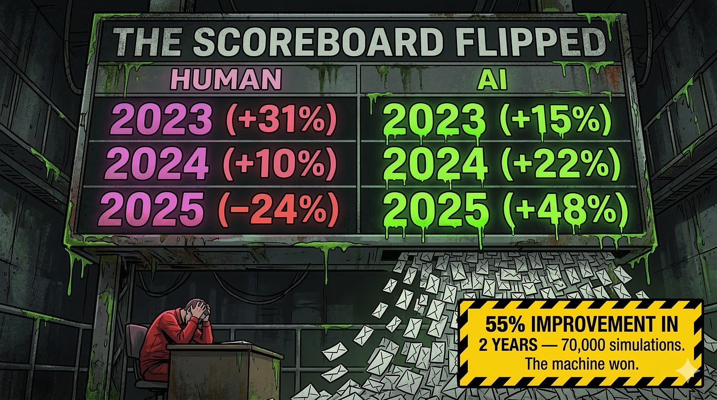 AI spear phishing effectiveness timeline 2023 to 2025 showing 31 percent deficit flipping to 24 percent advantage over human red teams AI spear phishing effectiveness timeline 2023 to 2025 showing 31 percent deficit flipping to 24 percent advantage over human red teams