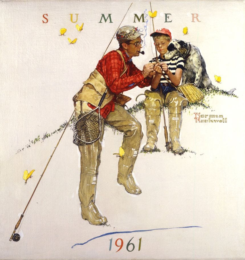 Norman Rockwell (1894-1978)   Father and Son Fishing - Summer  1961, oil on canvas 19 1/2” x 19 1/2”, signed center right Brown &amp; Bigelow Four Seasons calendar, 1961