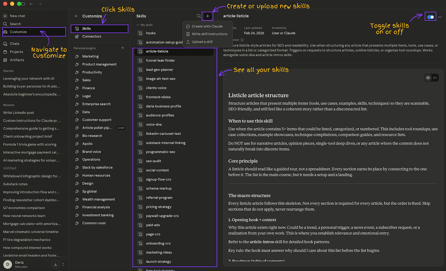 Claude's Skills panel showing how to navigate to Customize, browse your custom skills list, create or upload new skills, and toggle them on or off