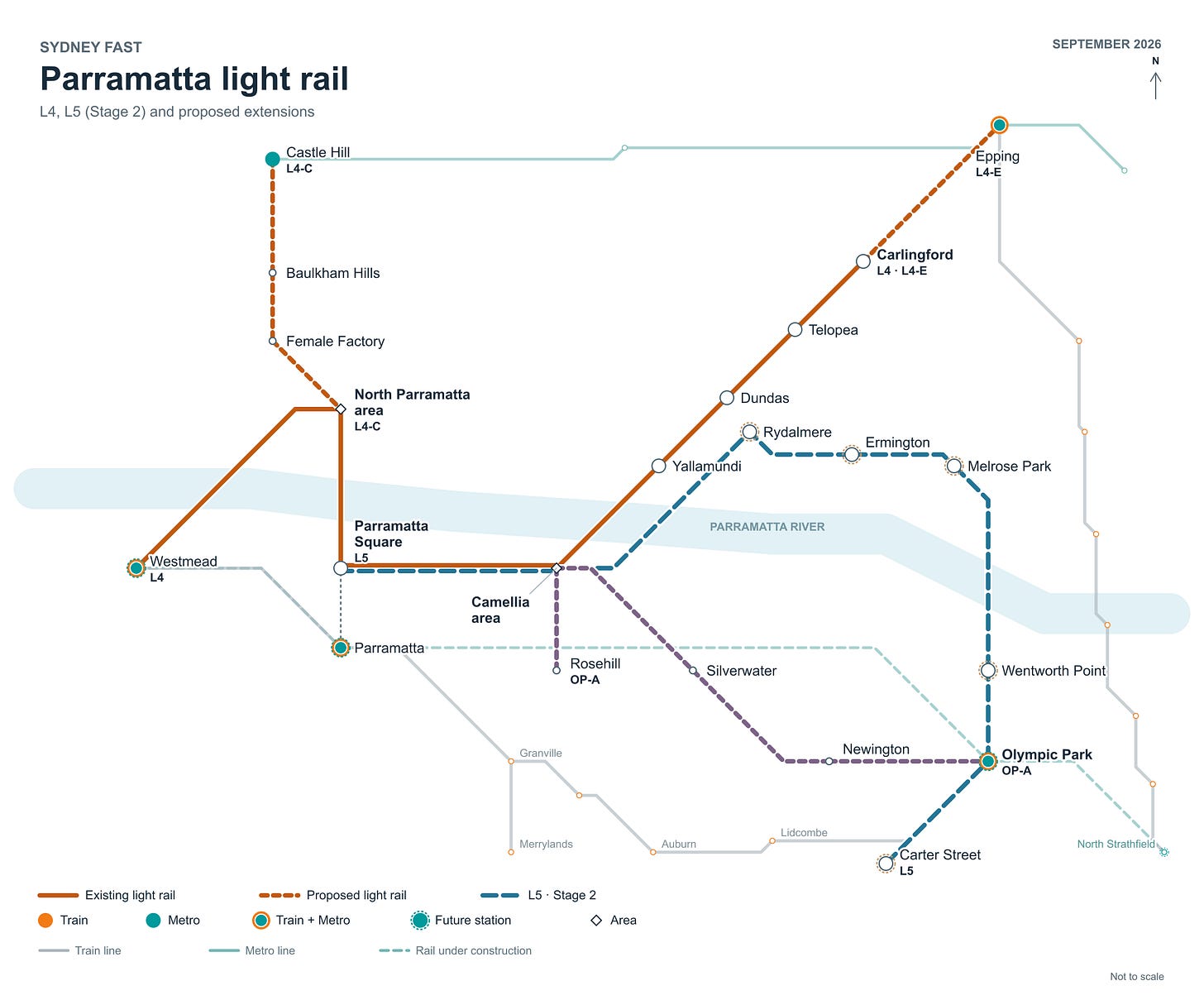 Figure 2. Parramatta: operating L4, the government’s L5 corridor, and the proposed L4-C, L4-E and OP-A routes. Diamonds identify areas. L4 and L5 share the approach from Parramatta Square to Camellia, then cross the river separately towards Yallamundi and Rydalmere.