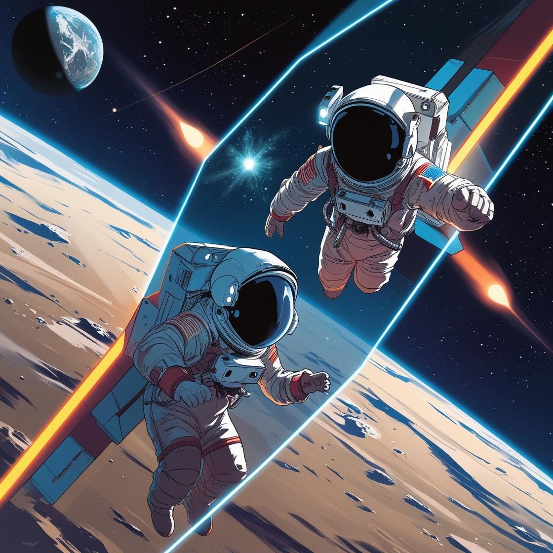 Two observers moving at high speed relative to each other (e.g., astronauts in spacecraft). Overlay each with their own tilted 'NOW' planes slicing through spacetime at different angles. Show events (e.g., supernova, comet) positioned differently on each plane. Use motion blur and directional lighting.