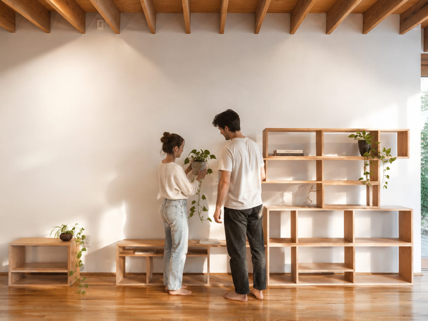 A couple enjoying their transformed space with plants A couple enjoying their transformed space with plants