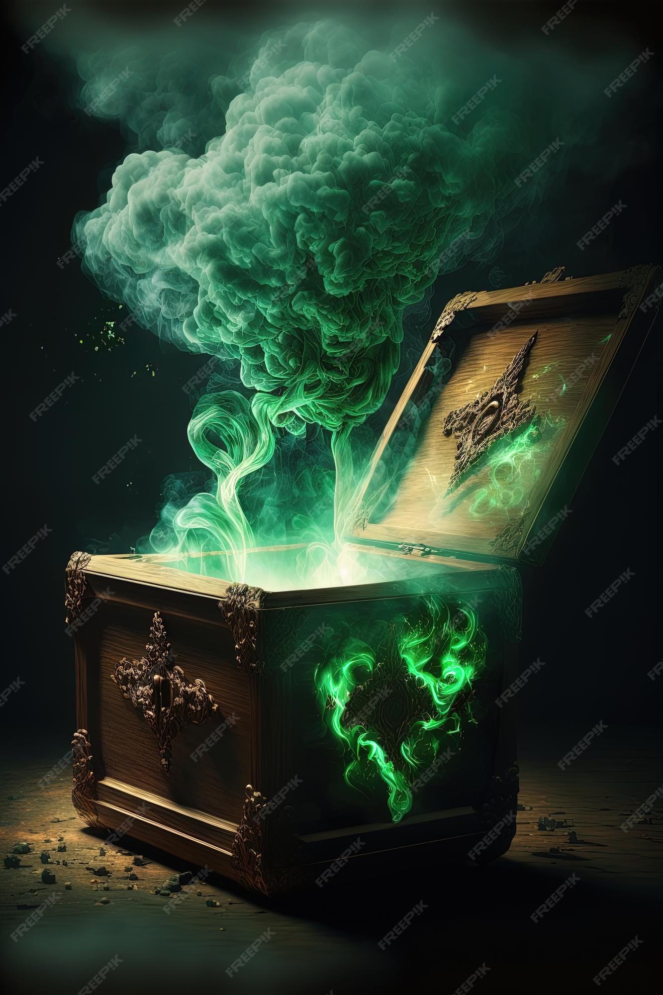 Premium Photo | Open pandora's box with green smoke on a wooden ...