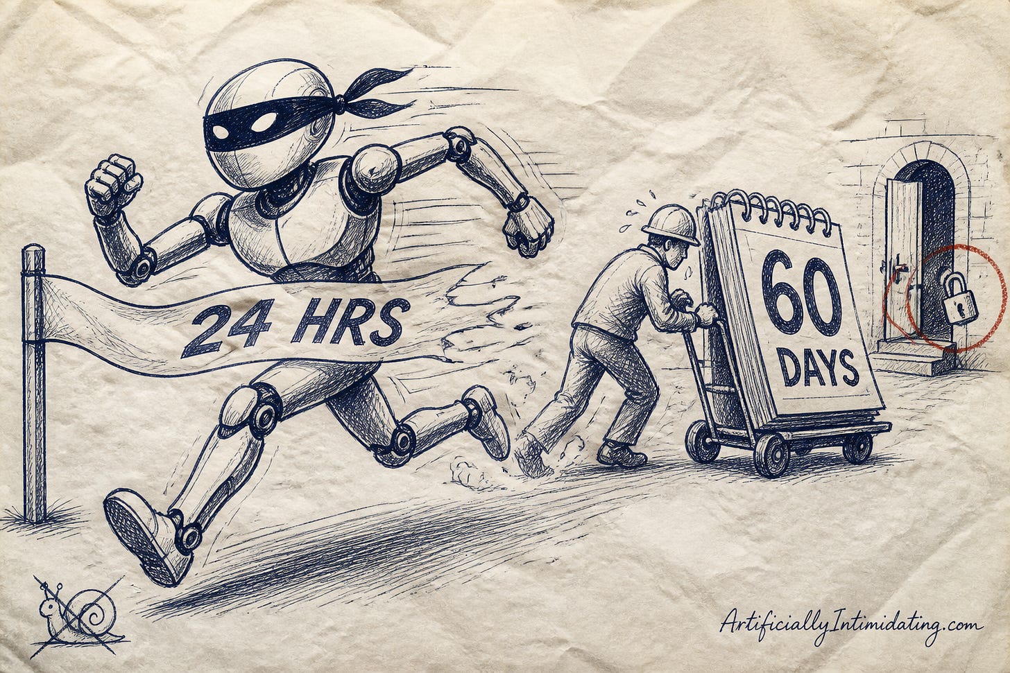 A sprinting robot in a burglar mask breaks a finish-line tape marked 24 HRS while a weary human in a hard hat pushes a giant calendar page marked 60 DAYS on a hand truck, a padlocked door circled in red in the background. A sprinting robot in a burglar mask breaks a finish-line tape marked 24 HRS while a weary human in a hard hat pushes a giant calendar page marked 60 DAYS on a hand truck, a padlocked door circled in red in the background.