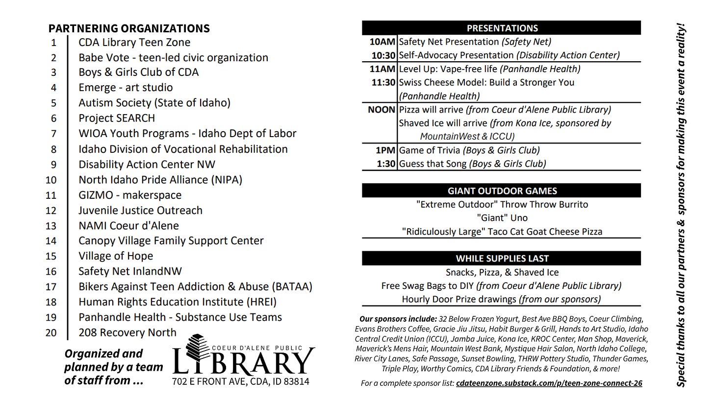 lists of partnering organizations and sponsors for the Teen Zone Connect event, as well as, a schedule of events, which is on the page in text below